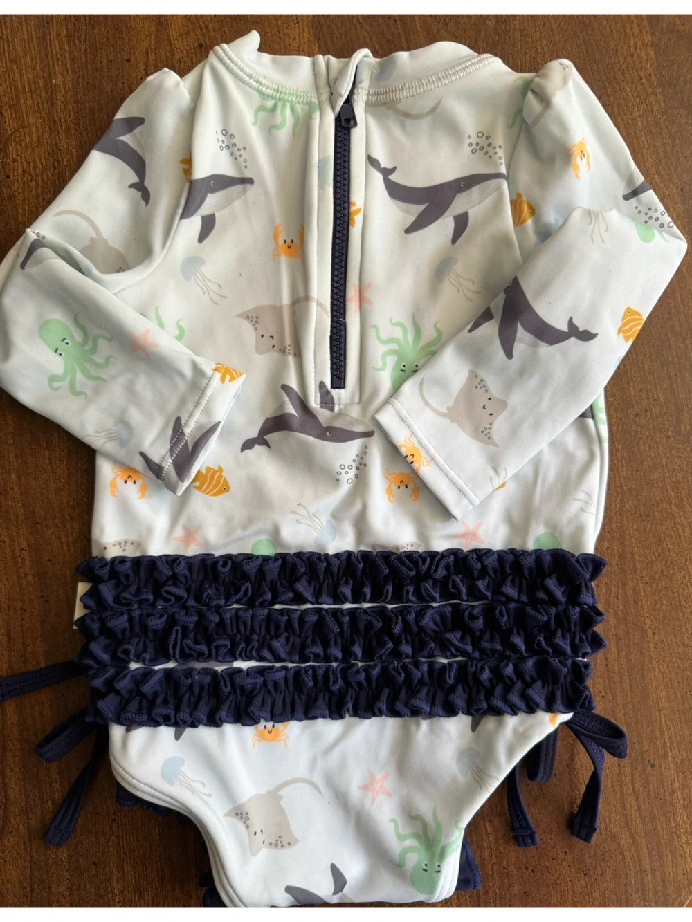 Quince Kids Sea Creatures Swim Romper in Navy and Cream
